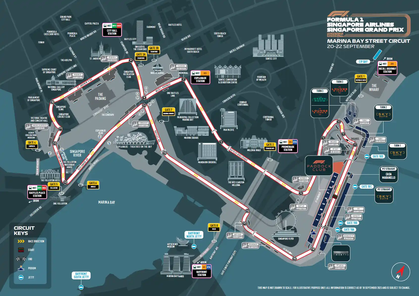Singapore Grand Prix Circuit Map: This image shows the layout of the Singapore Grand Prix circuit, highlighting key features and turns. It provides an overview of the race track for our Grand Prix packages, helping you visualize the thrilling race experience in Singapore.